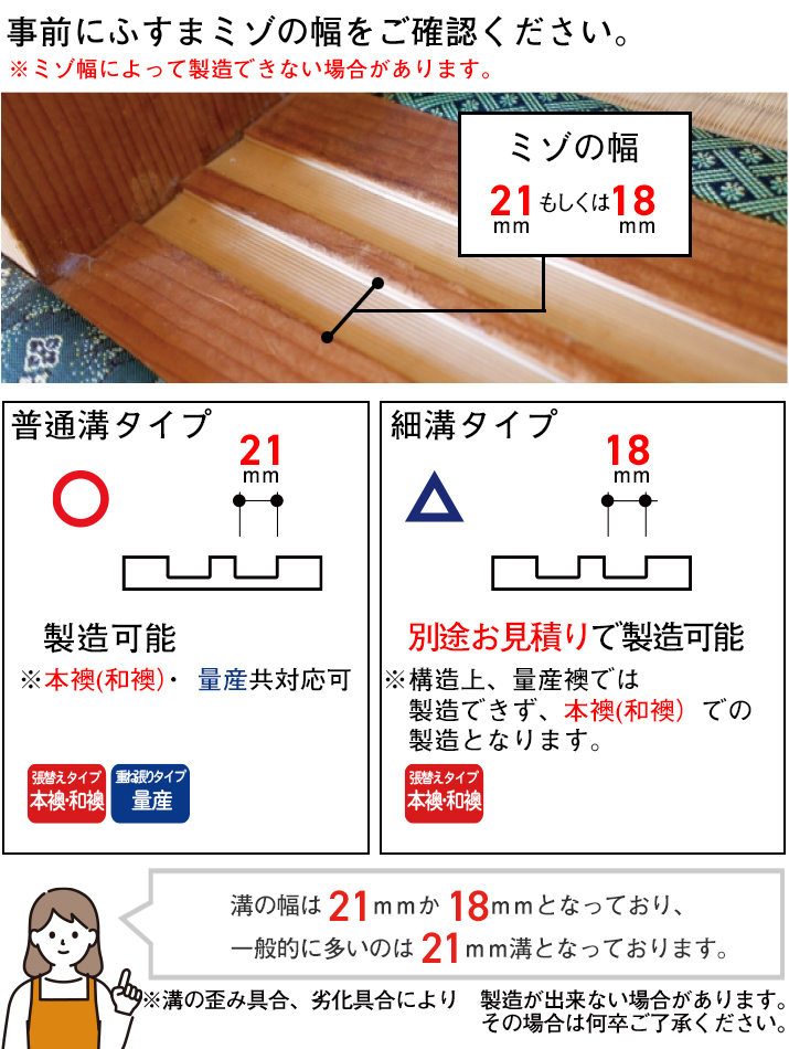 ふすまミゾの幅をご確認ください。21ｍｍ溝の場合標準で製造可能です